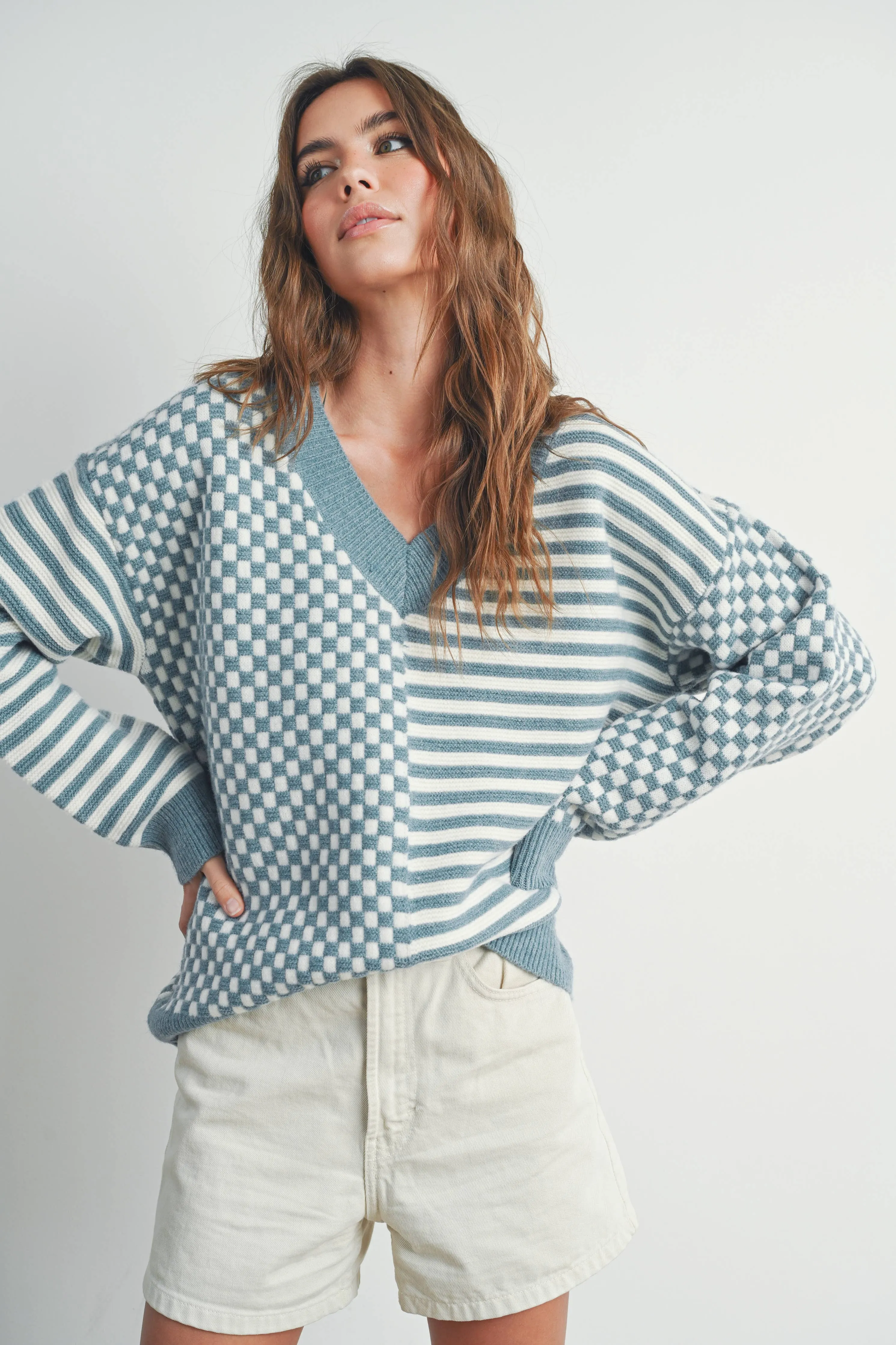 FRENCHY CHECKER PATTERN DROP SHOULDER SWEATER