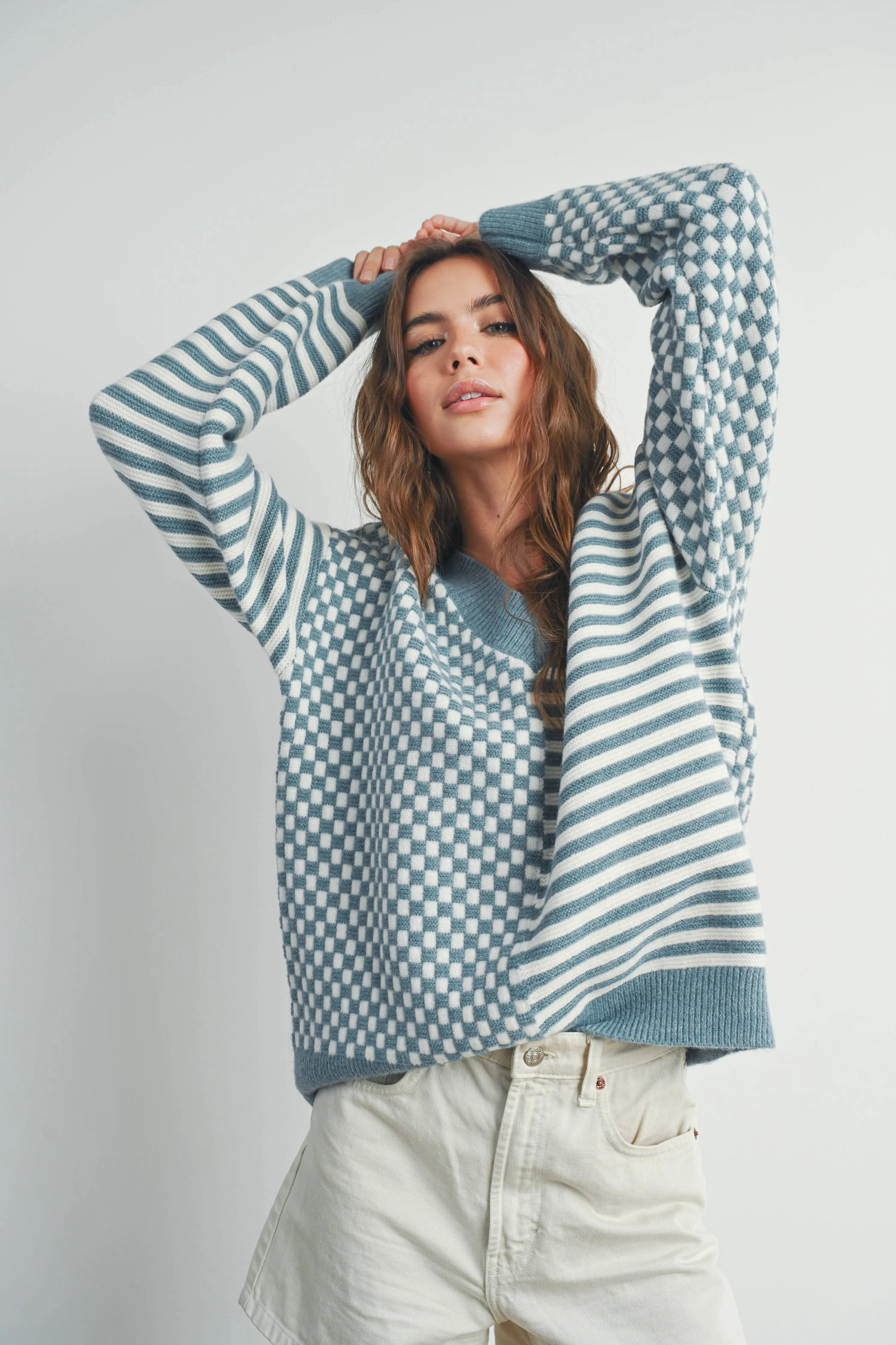 FRENCHY CHECKER PATTERN DROP SHOULDER SWEATER