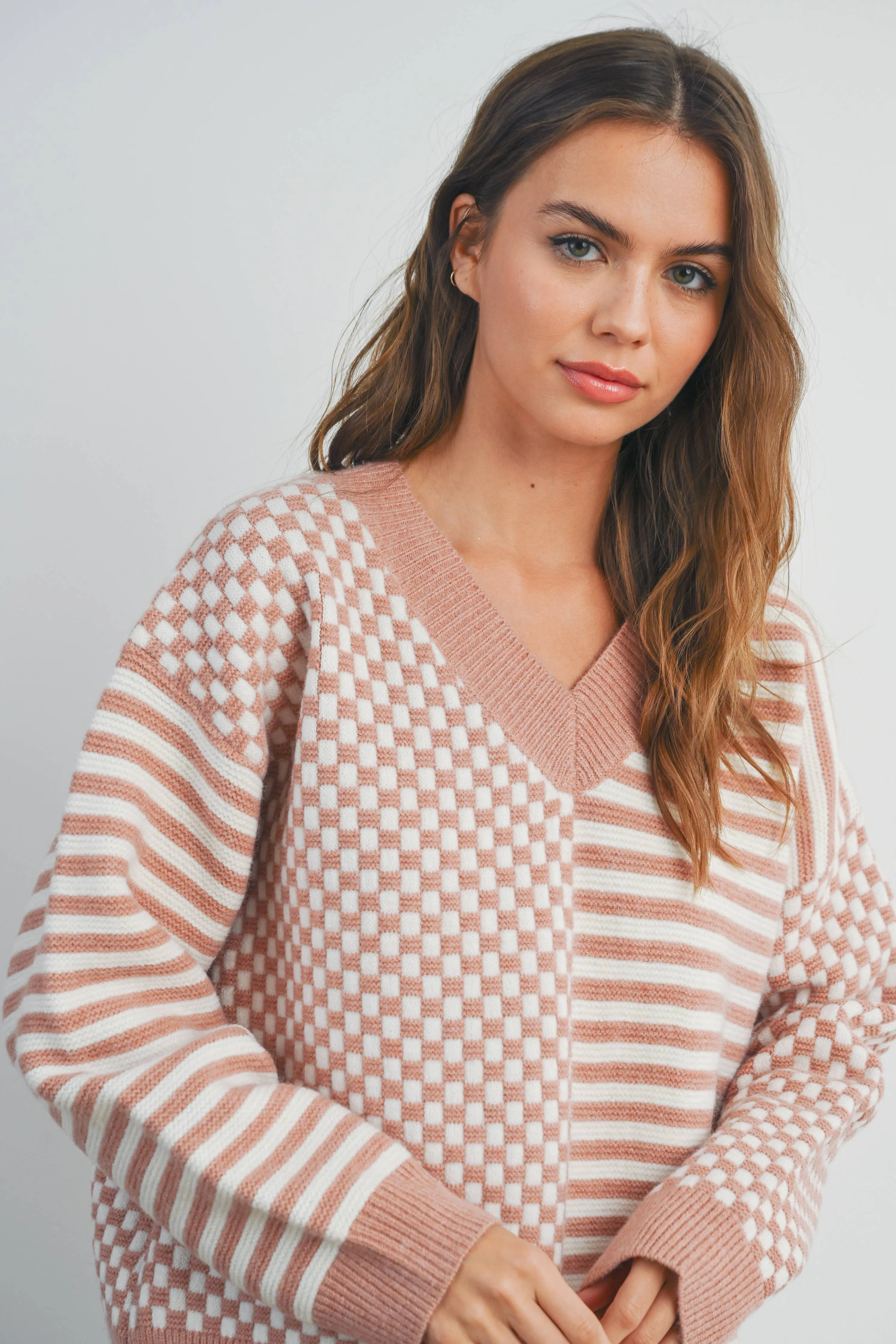 FRENCHY CHECKER PATTERN DROP SHOULDER SWEATER