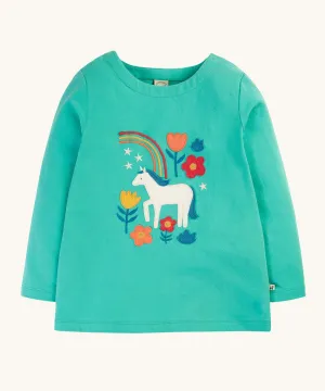 Frugi Anna Applique Top - Pacific Aqua/Horse