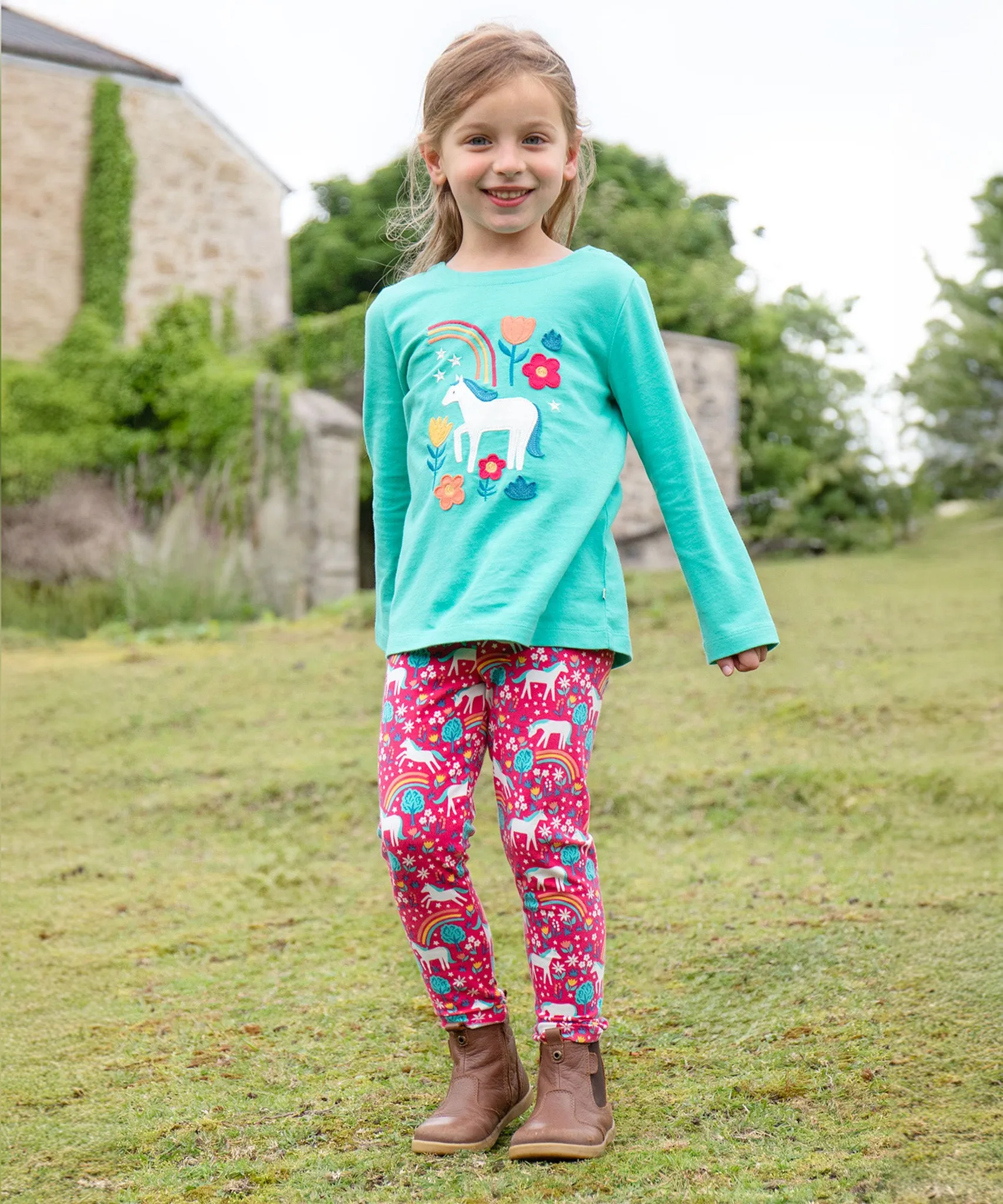 Frugi Anna Applique Top - Pacific Aqua/Horse
