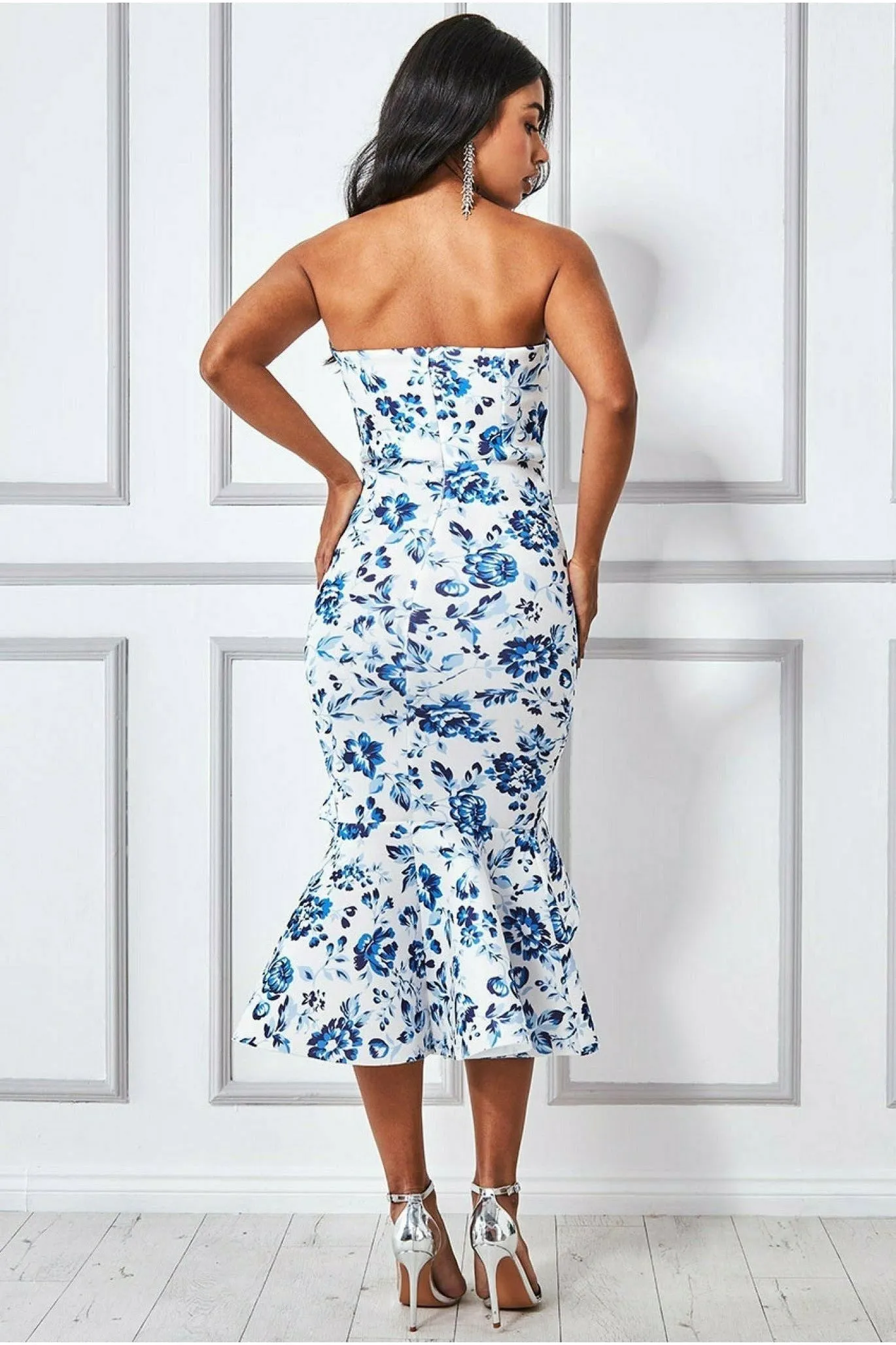 Goddiva Bow Bandeau Midi With Ruffles - Blue Print