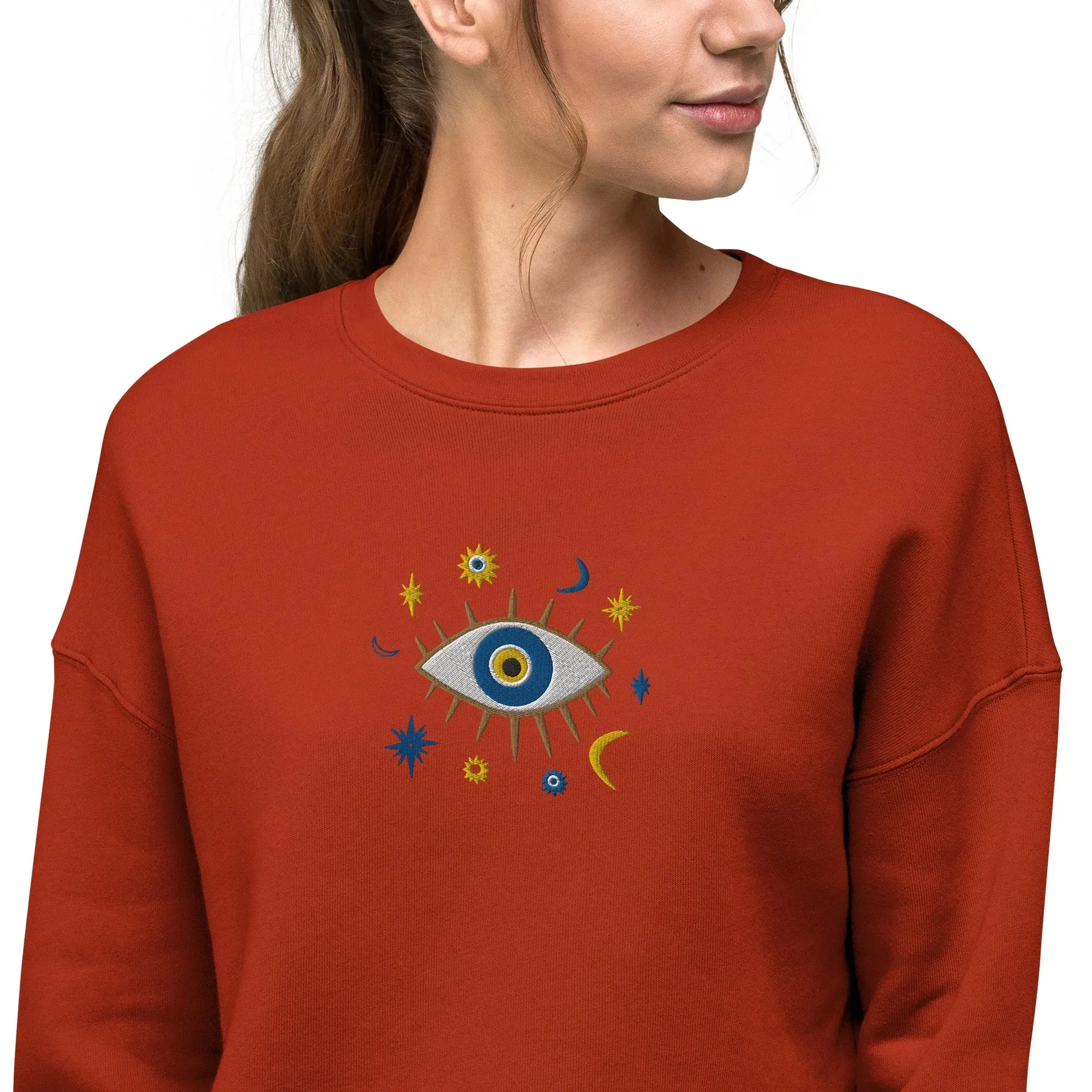 Greek Evil Eye Embroidered Cropped Sweatshirt