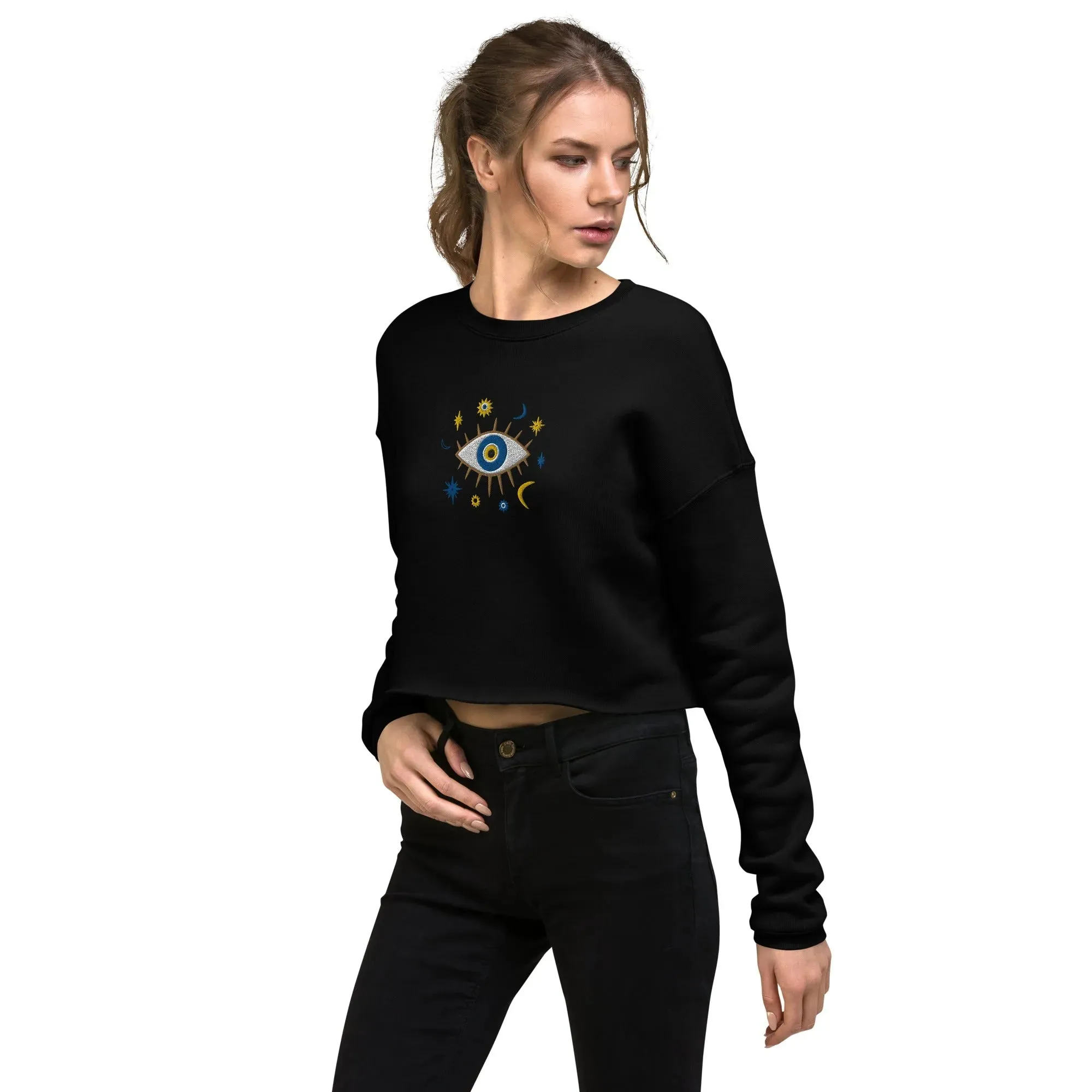 Greek Evil Eye Embroidered Cropped Sweatshirt