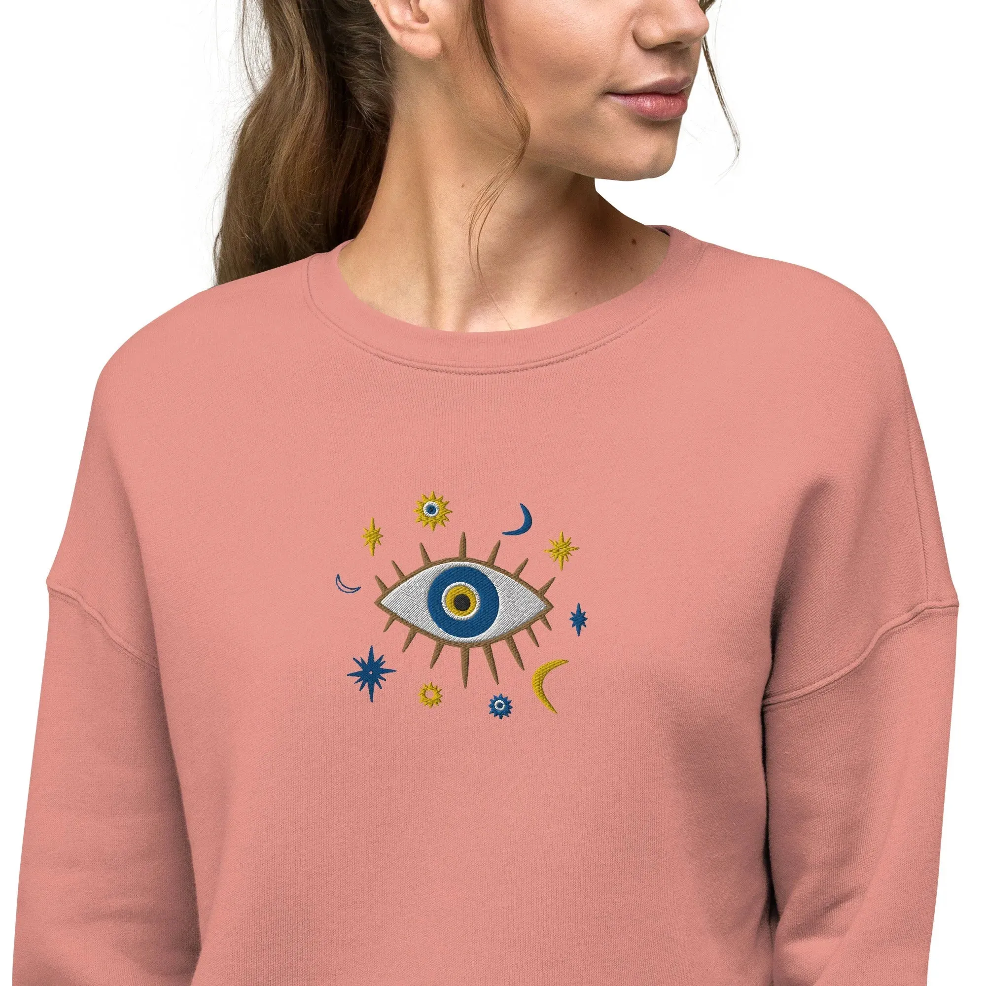Greek Evil Eye Embroidered Cropped Sweatshirt