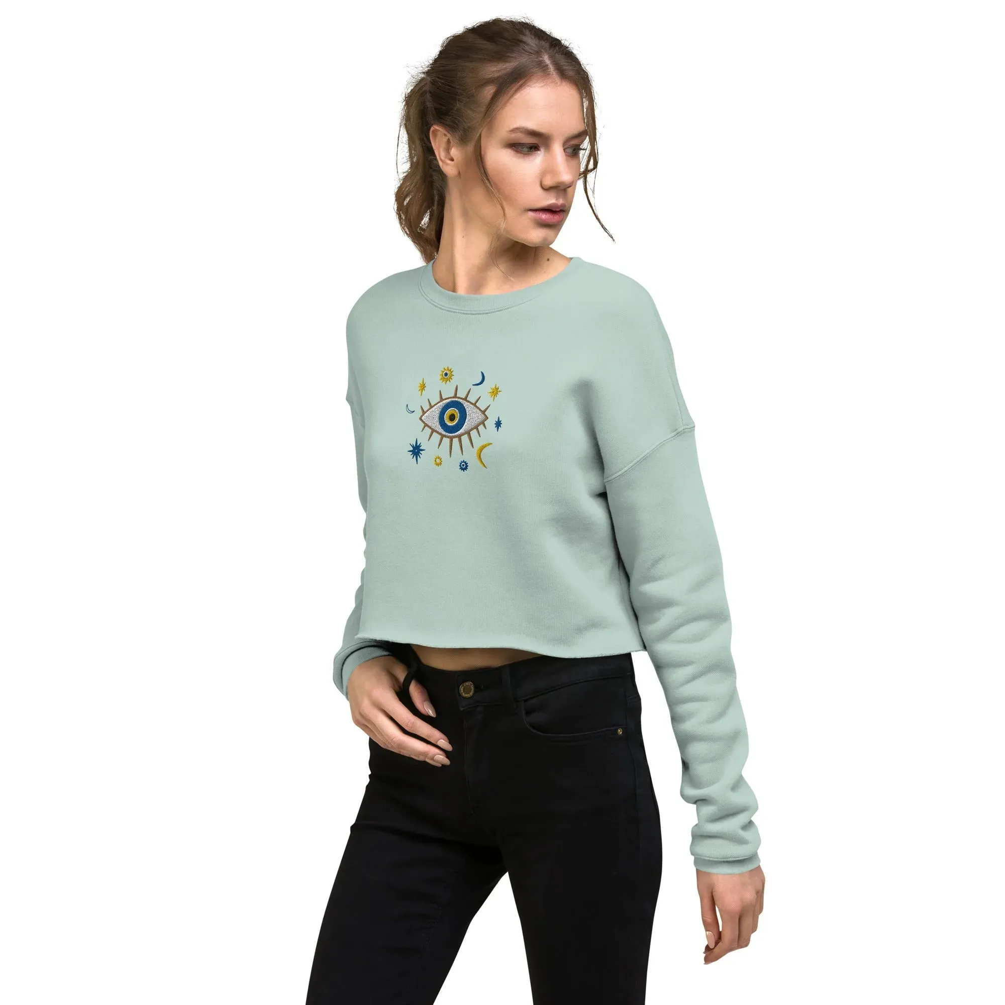 Greek Evil Eye Embroidered Cropped Sweatshirt