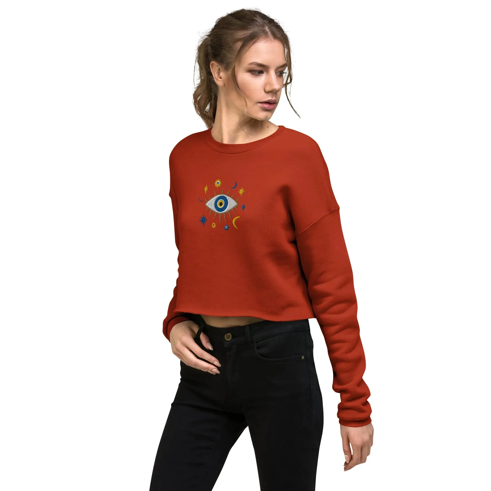 Greek Evil Eye Embroidered Cropped Sweatshirt