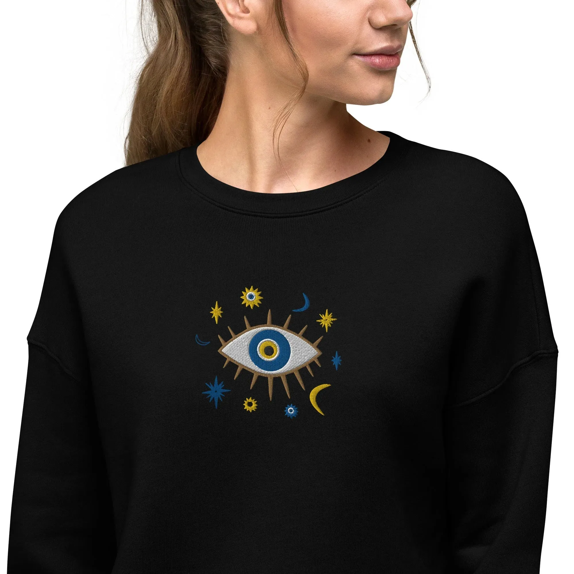 Greek Evil Eye Embroidered Cropped Sweatshirt