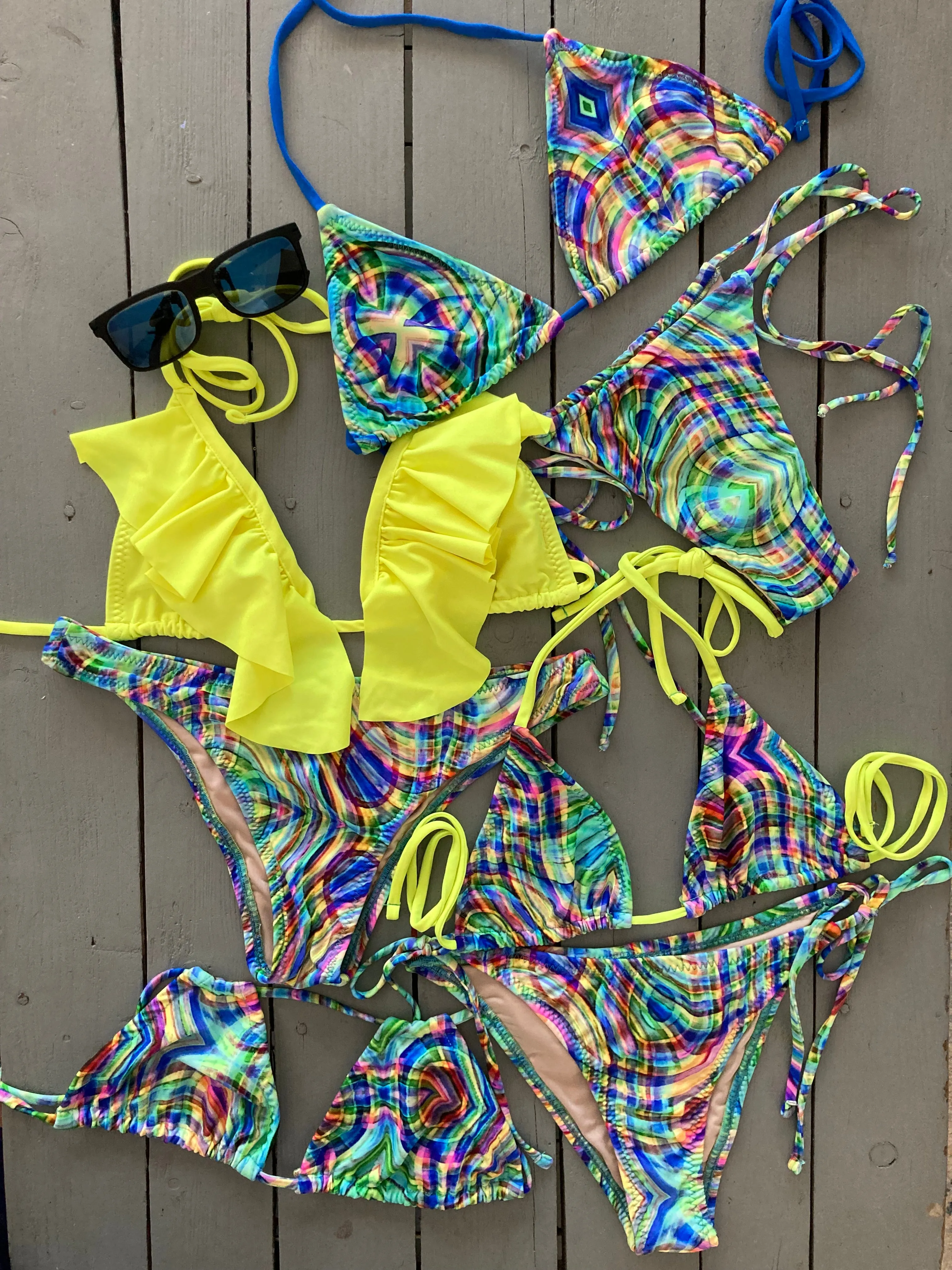 Green Print Double String Triangle Bikini Top