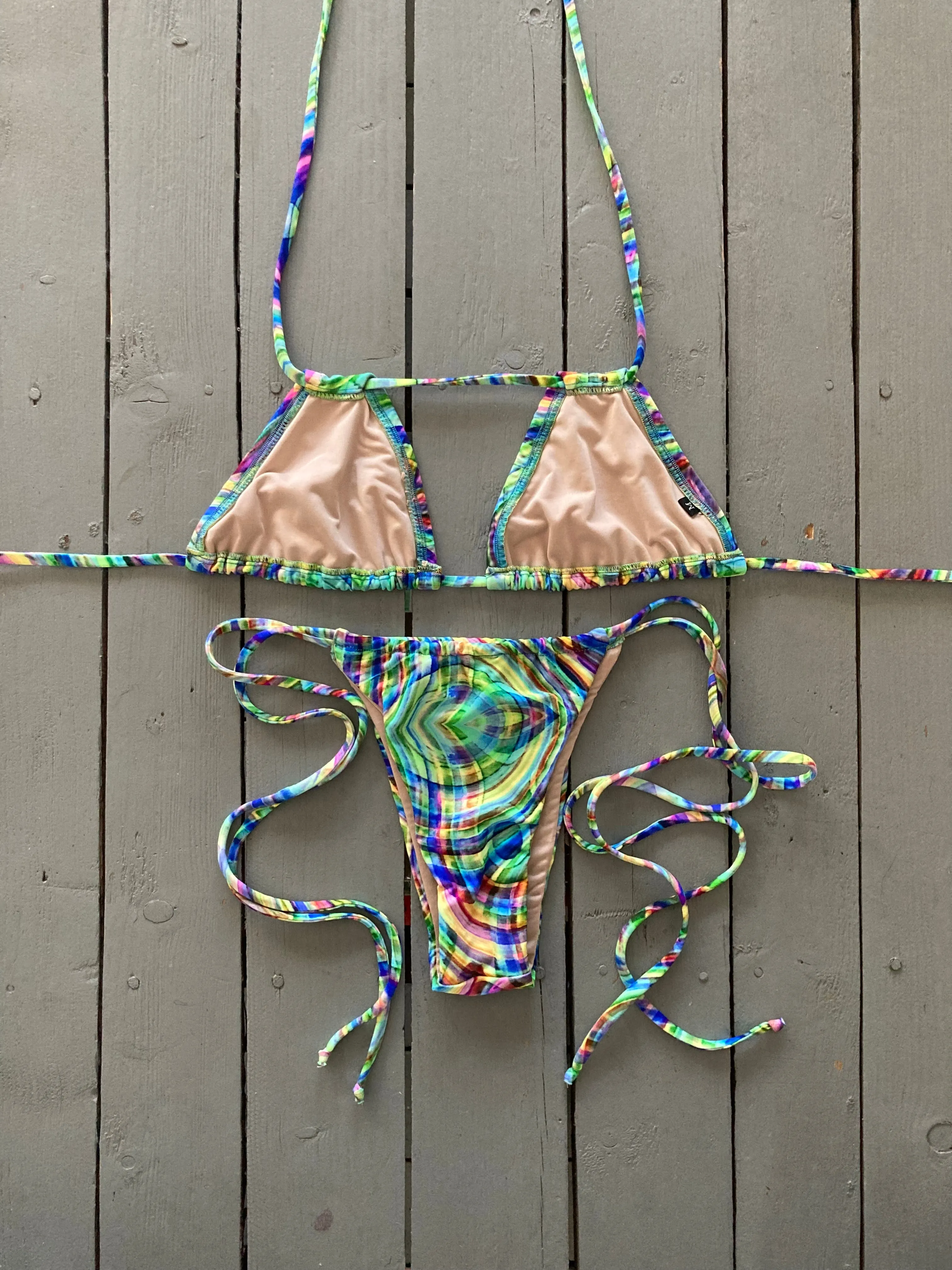 Green Print Double String Triangle Bikini Top
