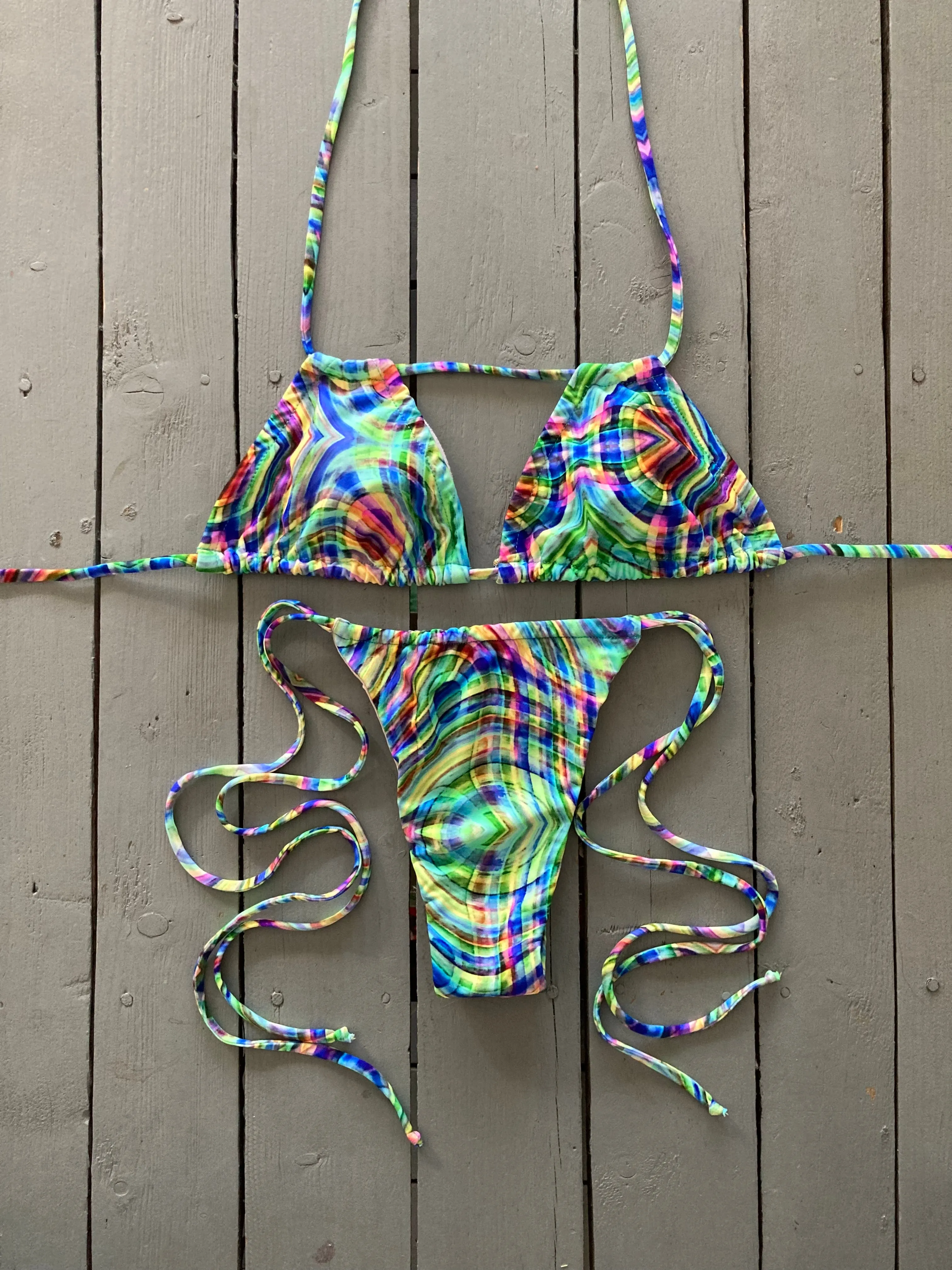 Green Print Double String Triangle Bikini Top