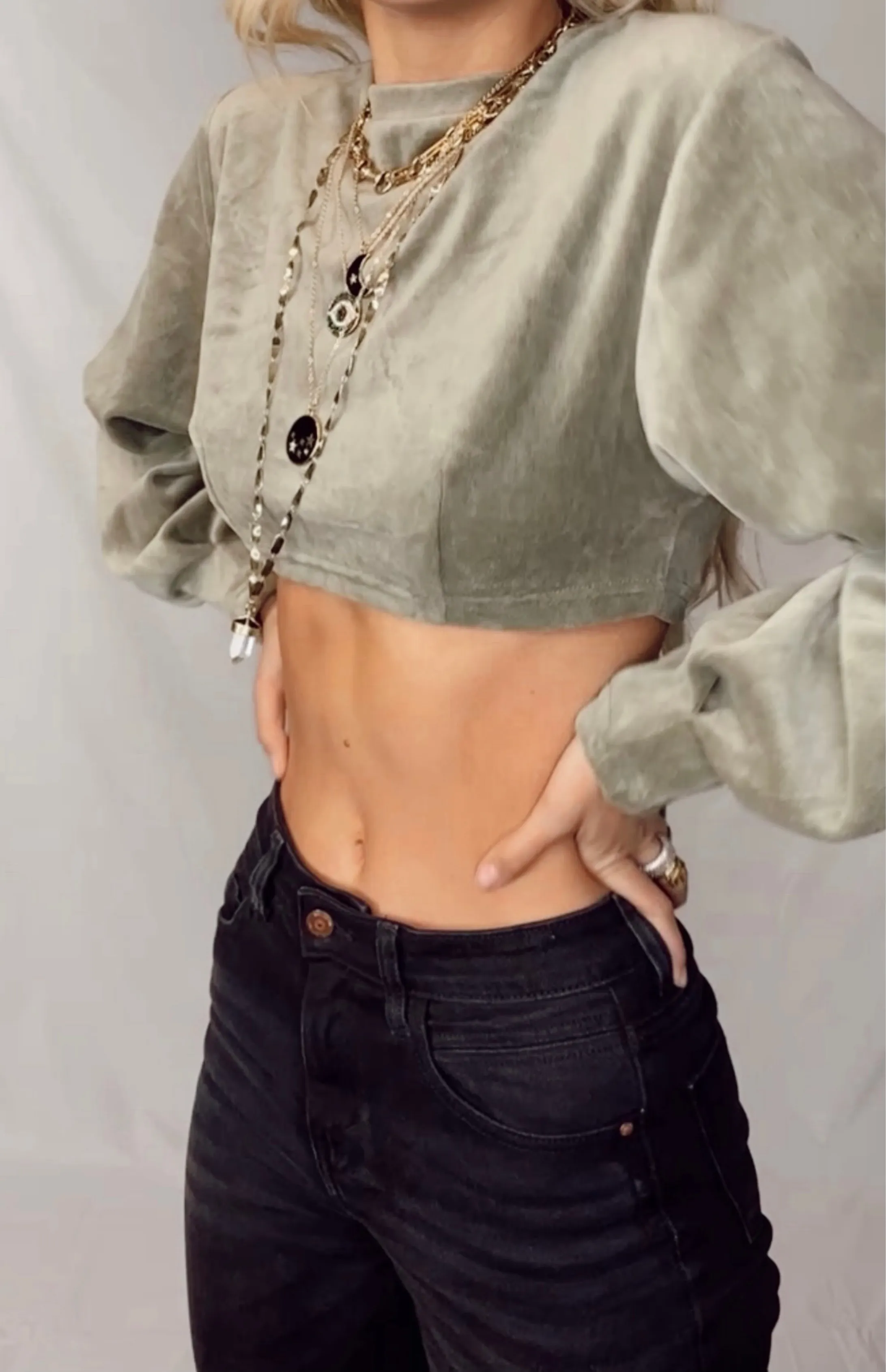 Green Velour Crop Sweatshirt