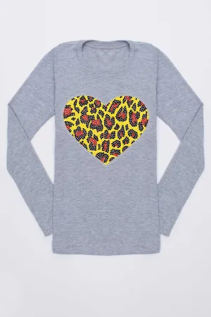 Grey Leopard Heart Long Sleeve Trendy Tee - Girls
