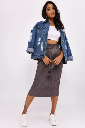 Grey Pleated Maxi Skirt With Pom Poms