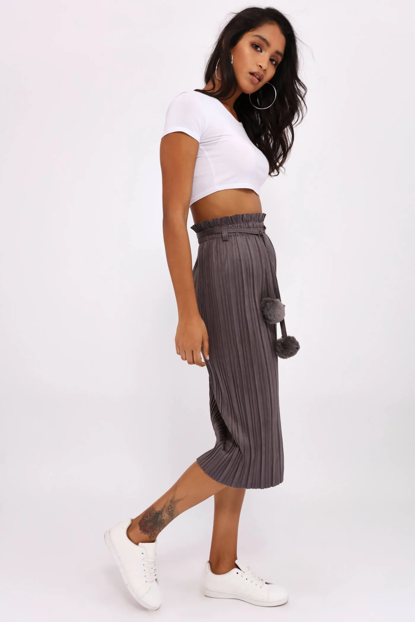 Grey Pleated Maxi Skirt With Pom Poms