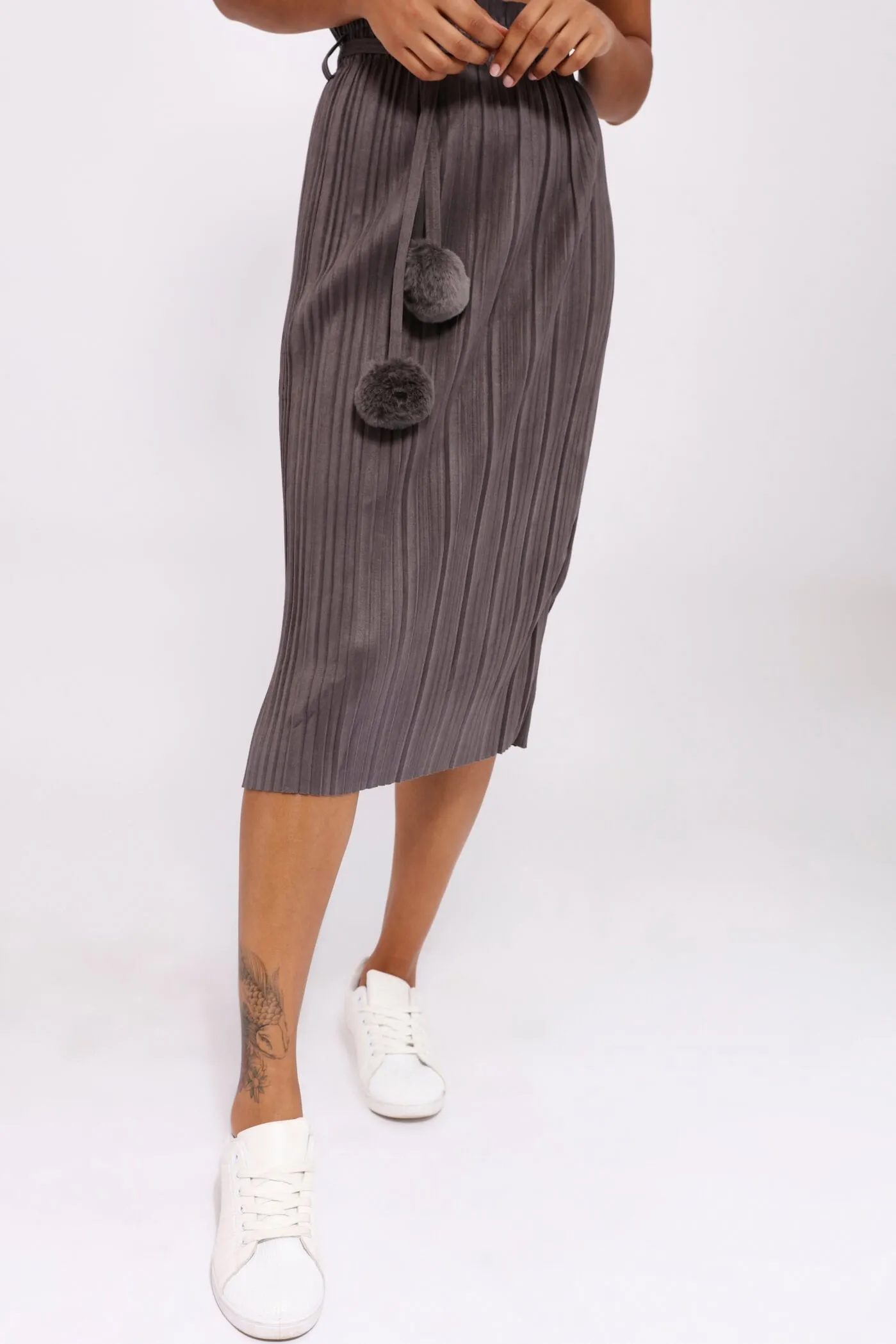 Grey Pleated Maxi Skirt With Pom Poms