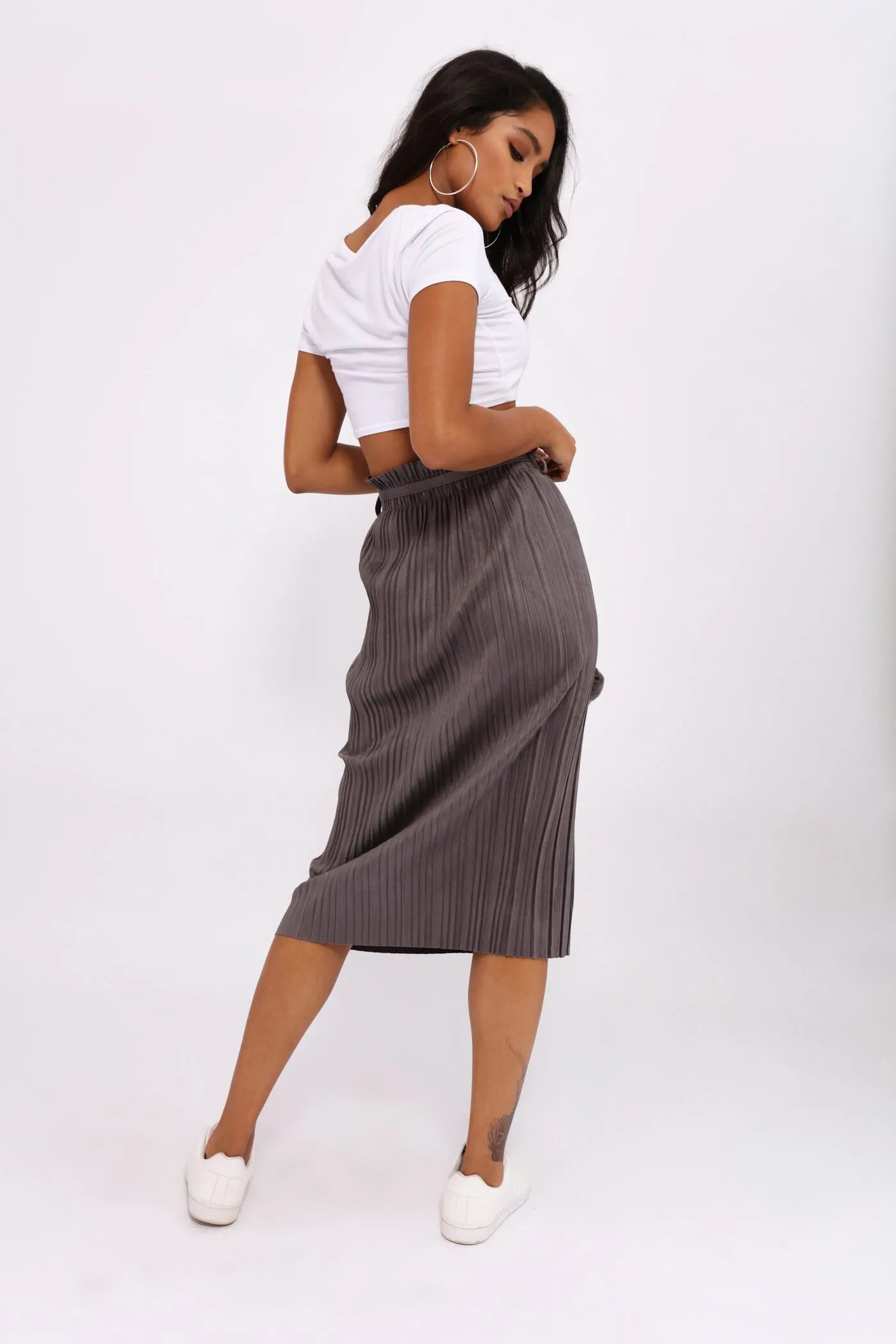 Grey Pleated Maxi Skirt With Pom Poms