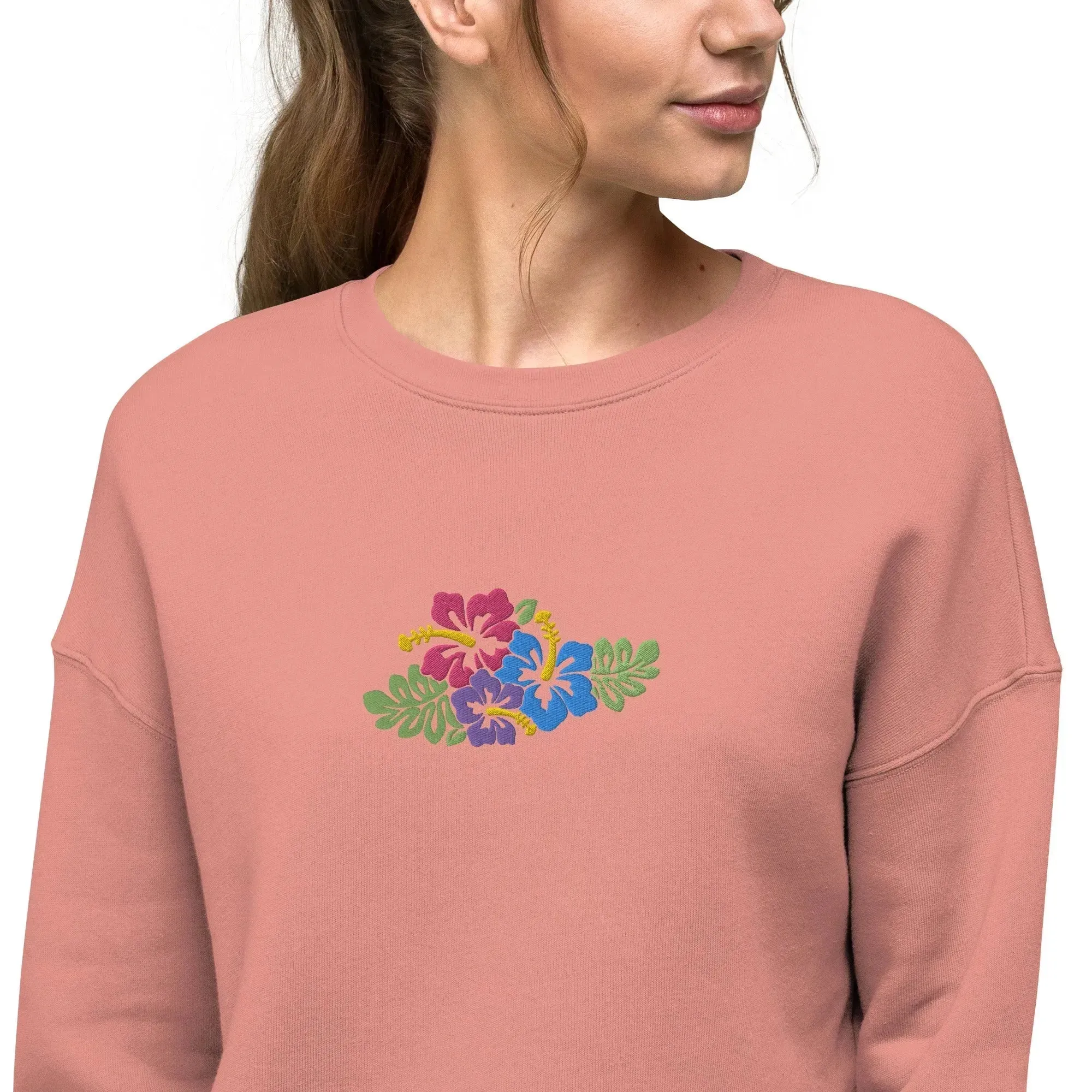 Hawaiian Tropical Leaves Embroidered Cropped Sweatshirt