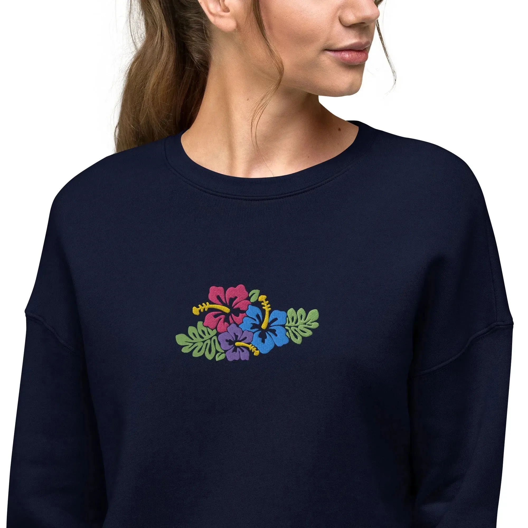 Hawaiian Tropical Leaves Embroidered Cropped Sweatshirt
