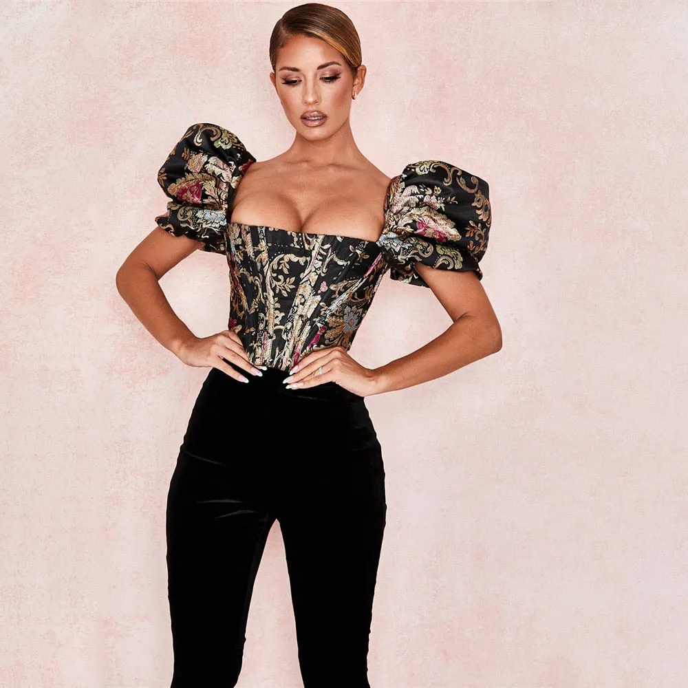 Highstreet Square Collar Jacquard Boned Puff Sleve Women Crop Top