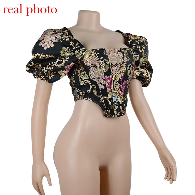 Highstreet Square Collar Jacquard Boned Puff Sleve Women Crop Top