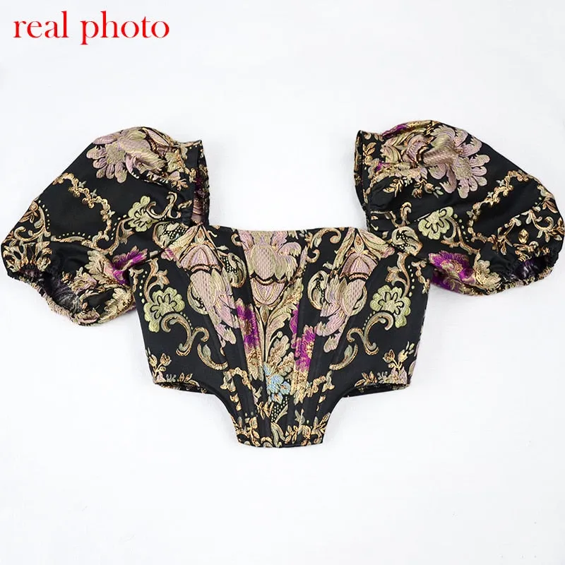 Highstreet Square Collar Jacquard Boned Puff Sleve Women Crop Top