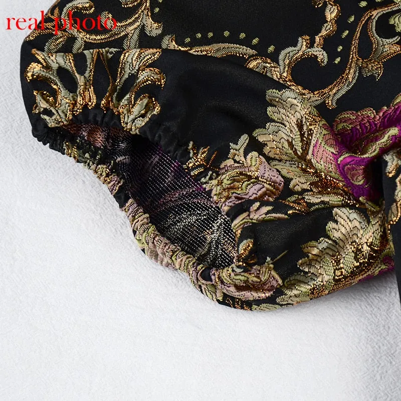 Highstreet Square Collar Jacquard Boned Puff Sleve Women Crop Top