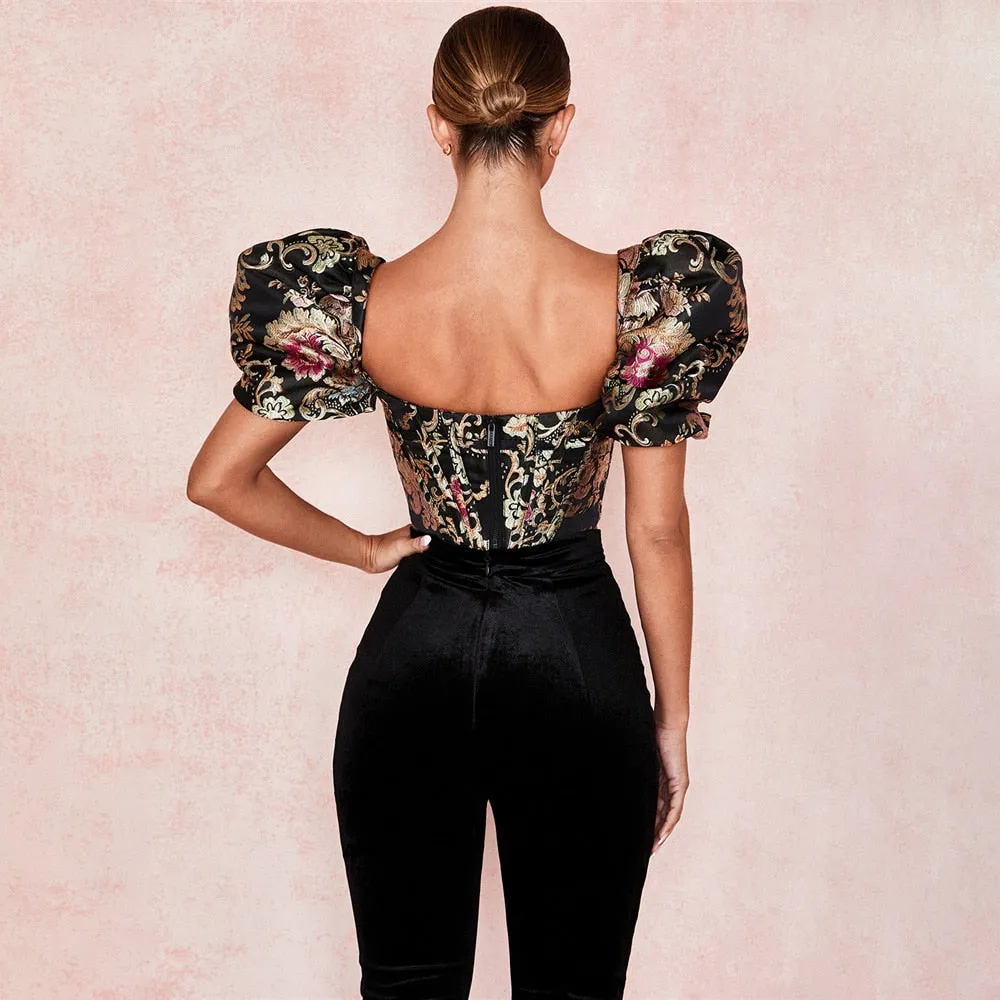 Highstreet Square Collar Jacquard Boned Puff Sleve Women Crop Top