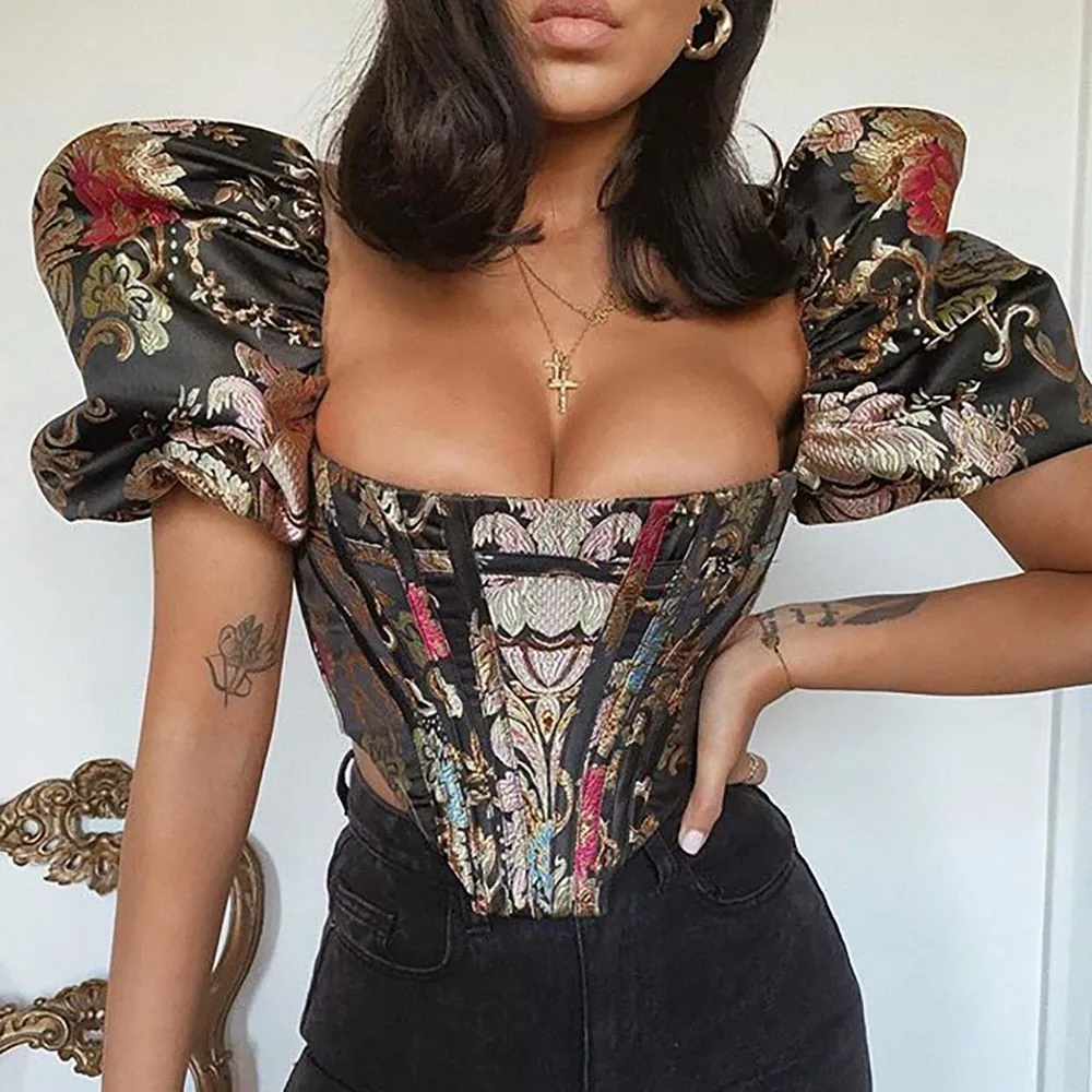 Highstreet Square Collar Jacquard Boned Puff Sleve Women Crop Top