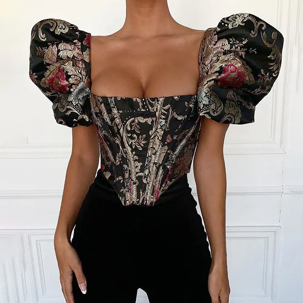 Highstreet Square Collar Jacquard Boned Puff Sleve Women Crop Top