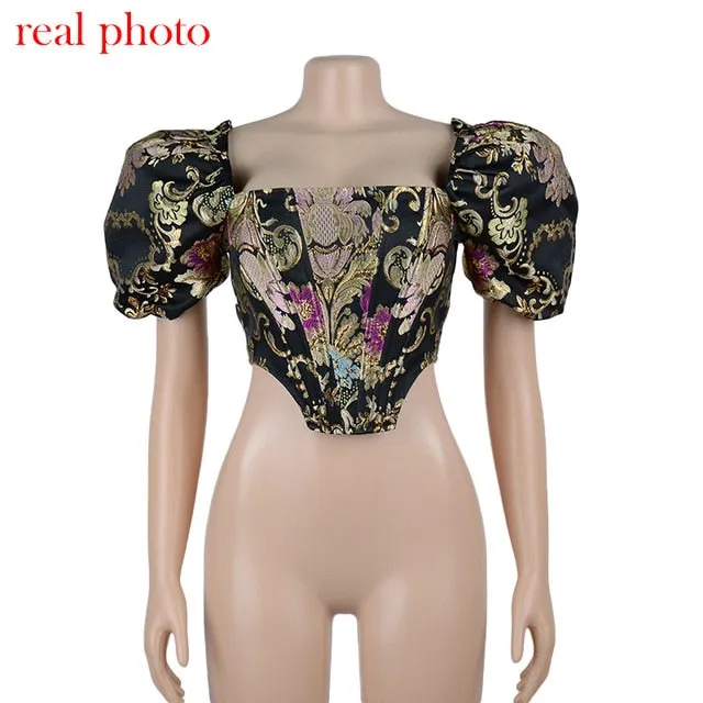 Highstreet Square Collar Jacquard Boned Puff Sleve Women Crop Top