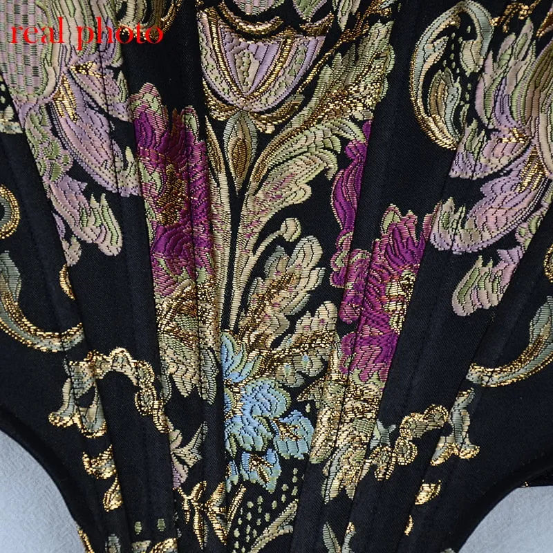 Highstreet Square Collar Jacquard Boned Puff Sleve Women Crop Top