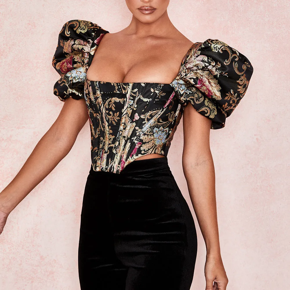 Highstreet Square Collar Jacquard Boned Puff Sleve Women Crop Top