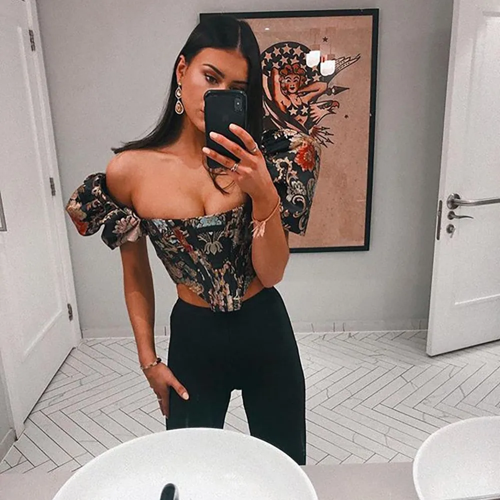 Highstreet Square Collar Jacquard Boned Puff Sleve Women Crop Top