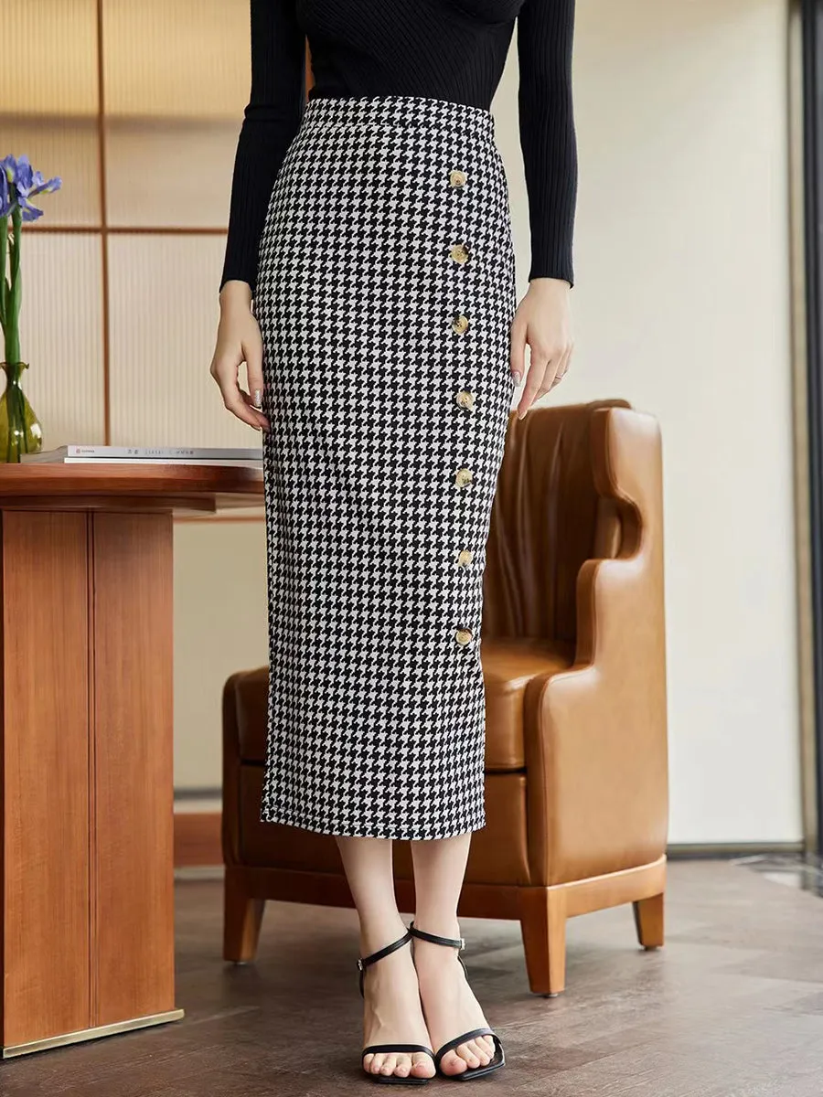Houndstooth Decorative Button Skirt