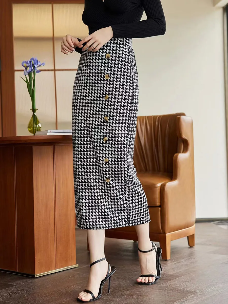 Houndstooth Decorative Button Skirt