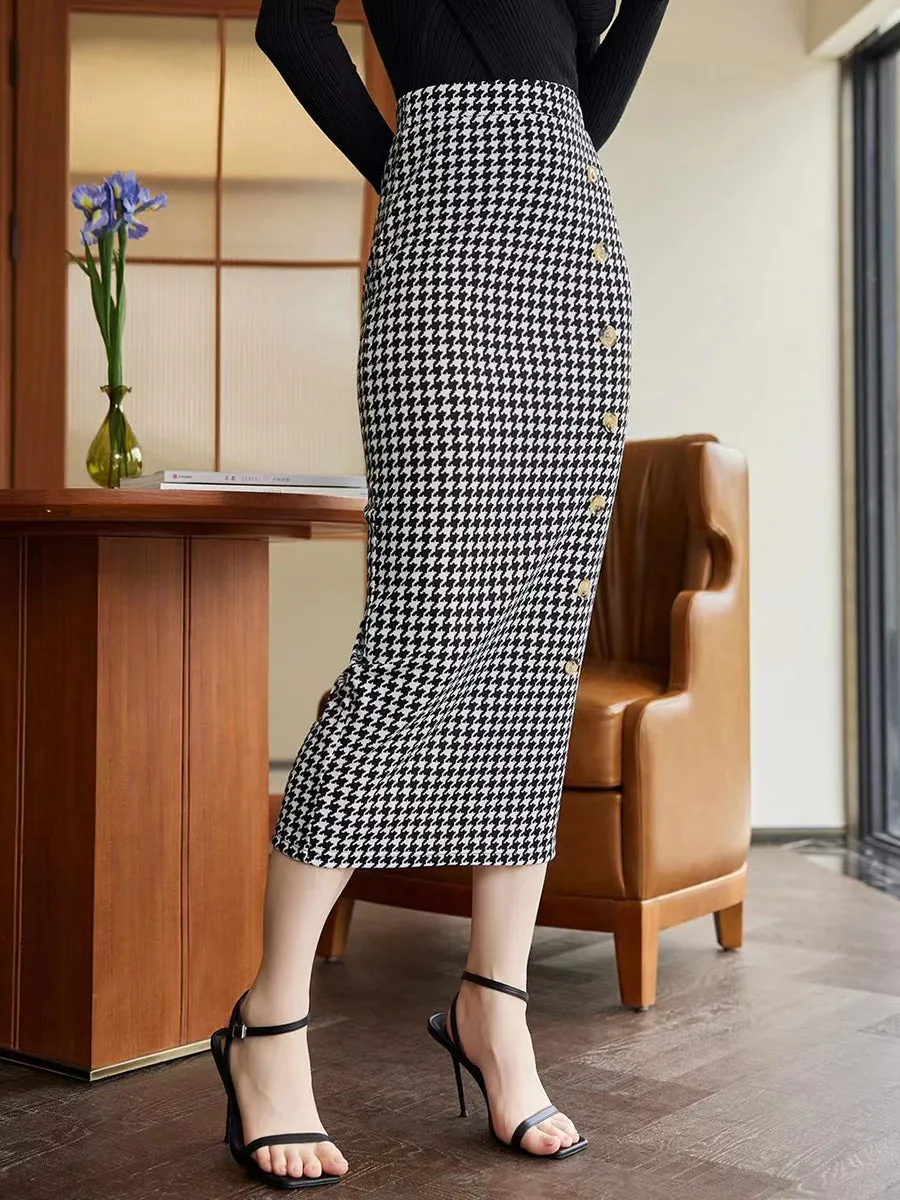 Houndstooth Decorative Button Skirt