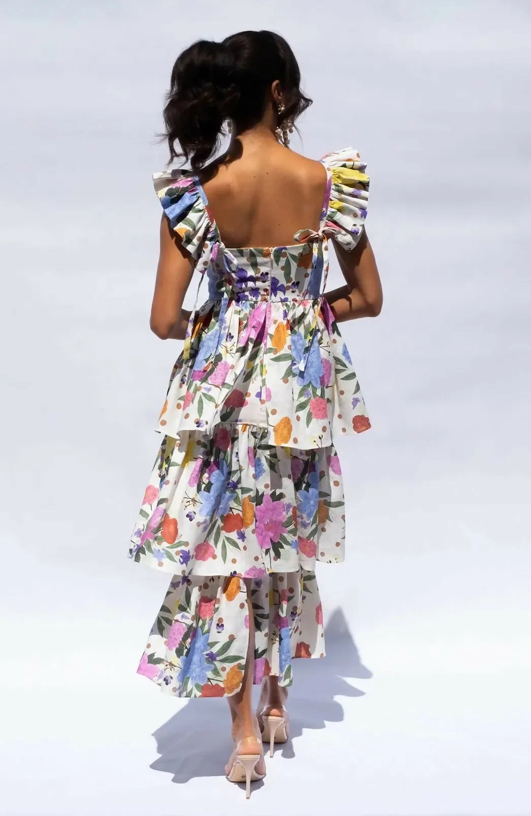 Isabella Longginou Polka Dot Floral Frill Dress Multi Size 12