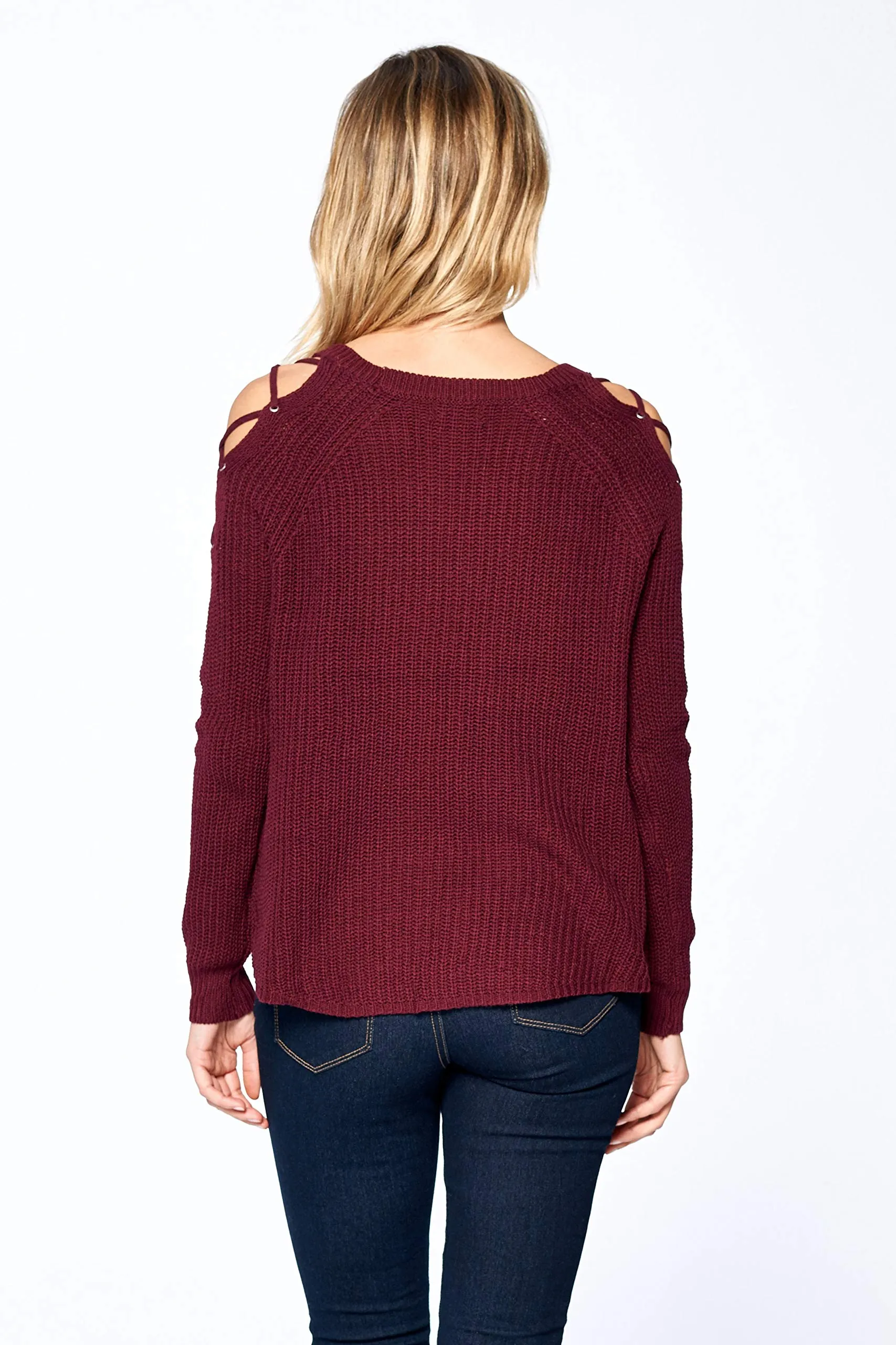 Khanomak Women's Long Sleeve Knit Open Shoulder Lace Up Sweater Top