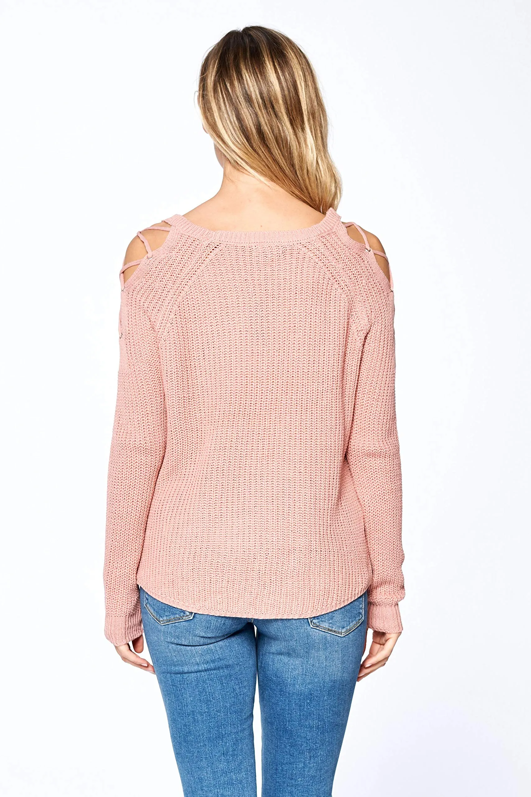 Khanomak Women's Long Sleeve Knit Open Shoulder Lace Up Sweater Top