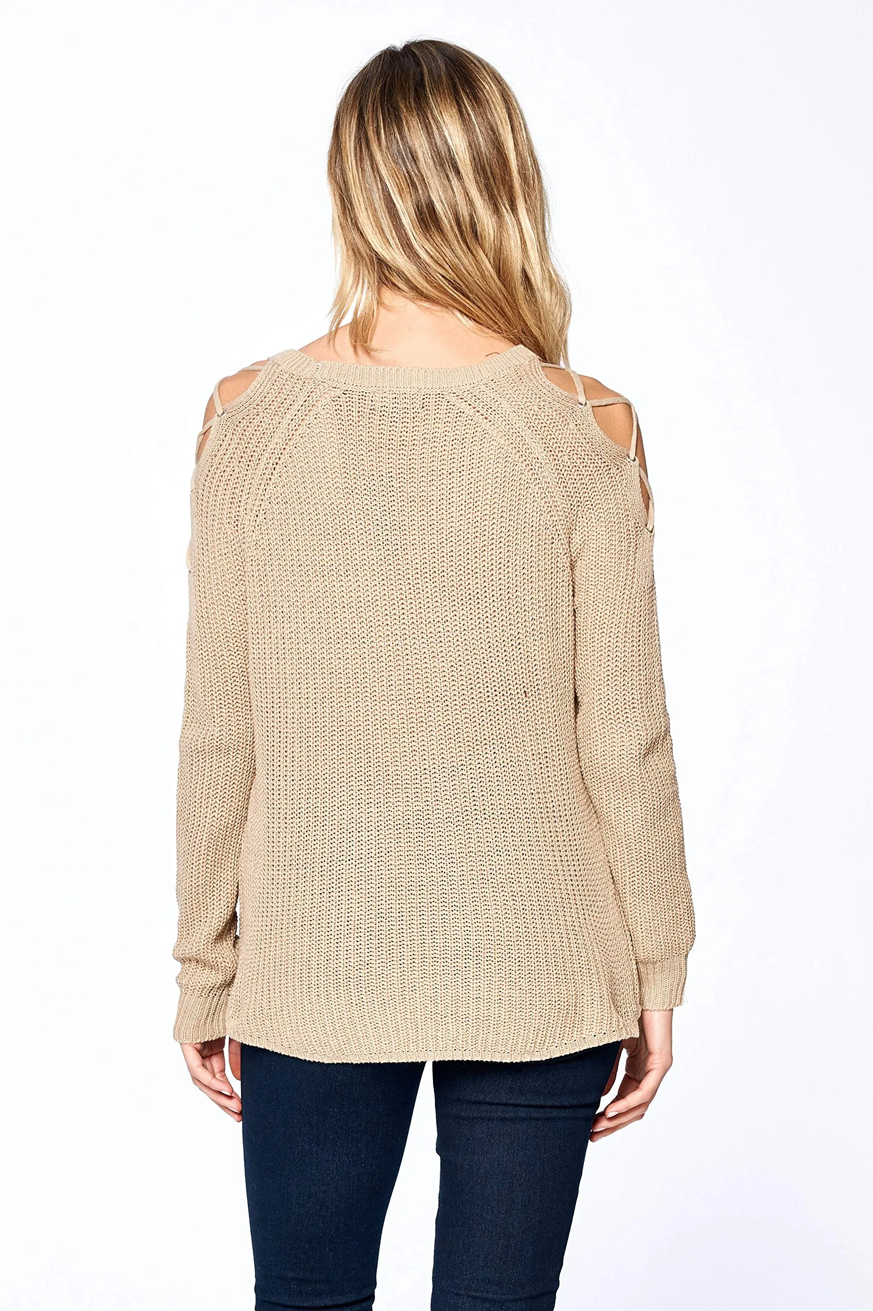 Khanomak Women's Long Sleeve Knit Open Shoulder Lace Up Sweater Top