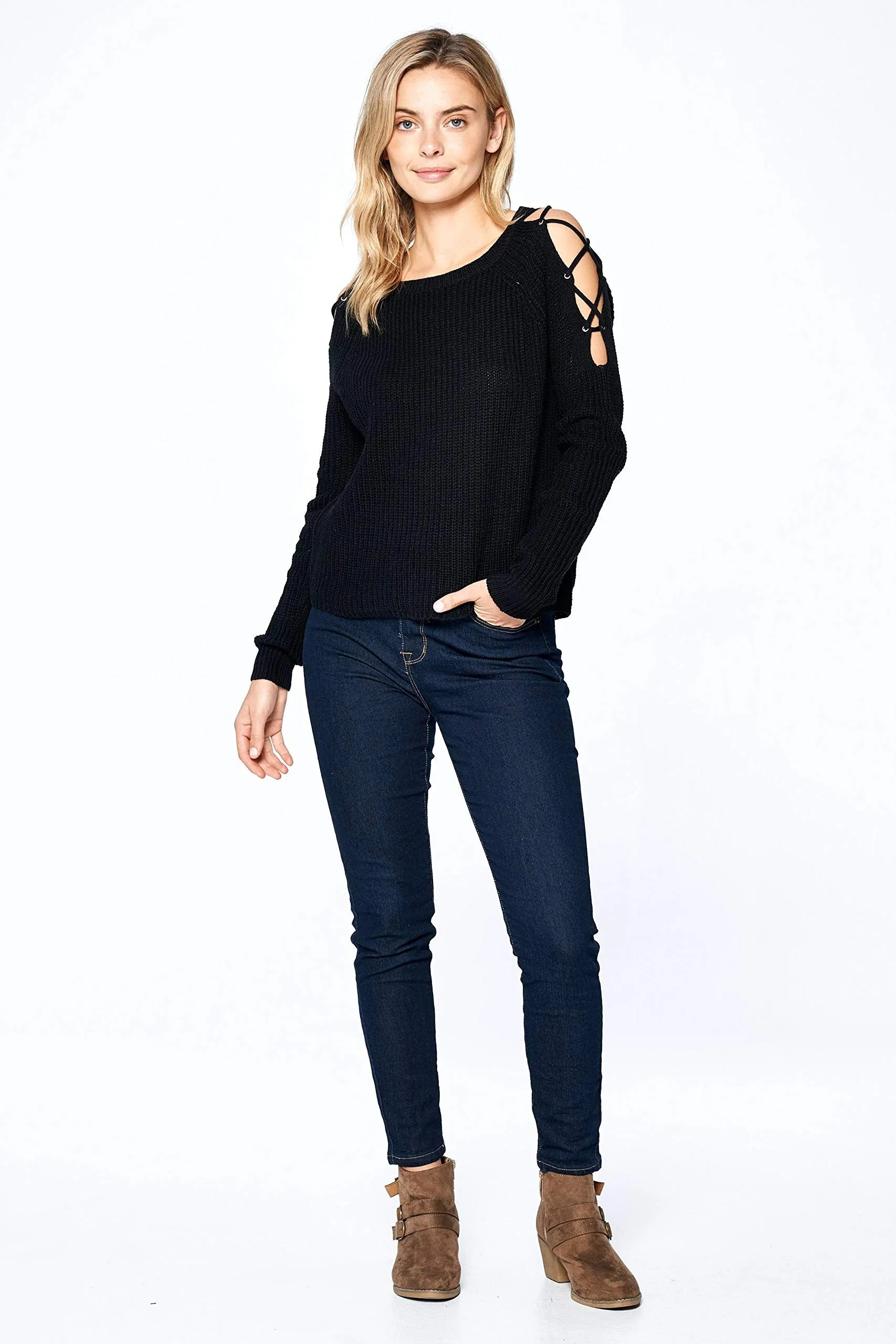 Khanomak Women's Long Sleeve Knit Open Shoulder Lace Up Sweater Top