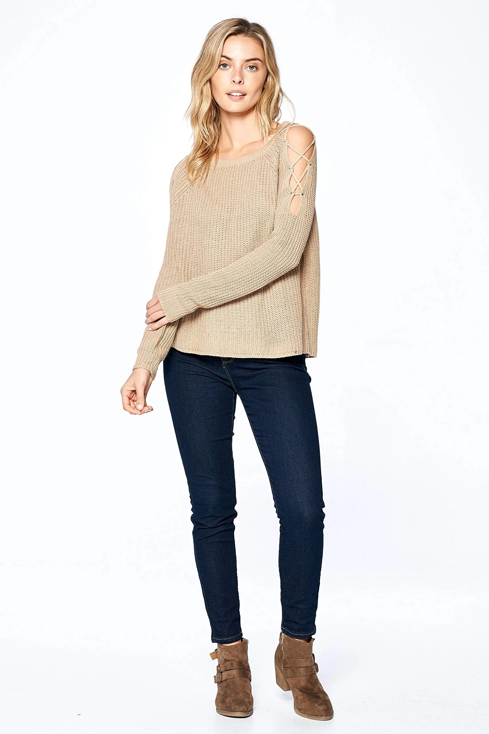 Khanomak Women's Long Sleeve Knit Open Shoulder Lace Up Sweater Top