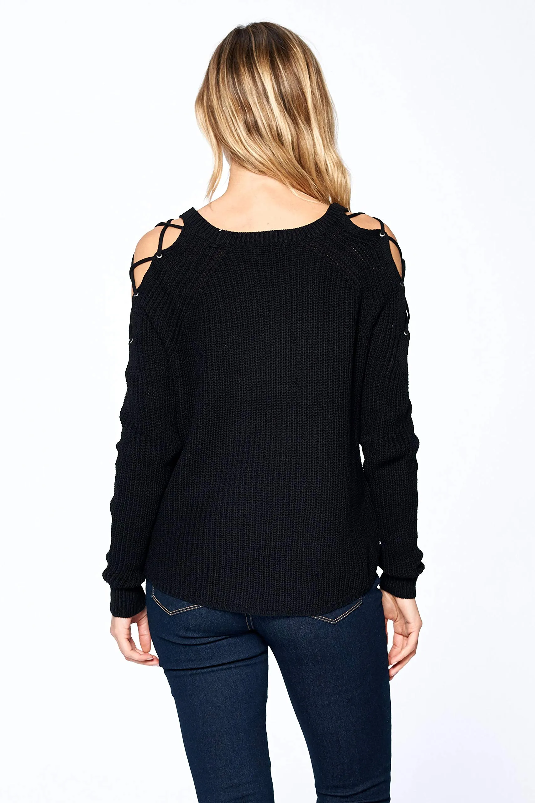 Khanomak Women's Long Sleeve Knit Open Shoulder Lace Up Sweater Top