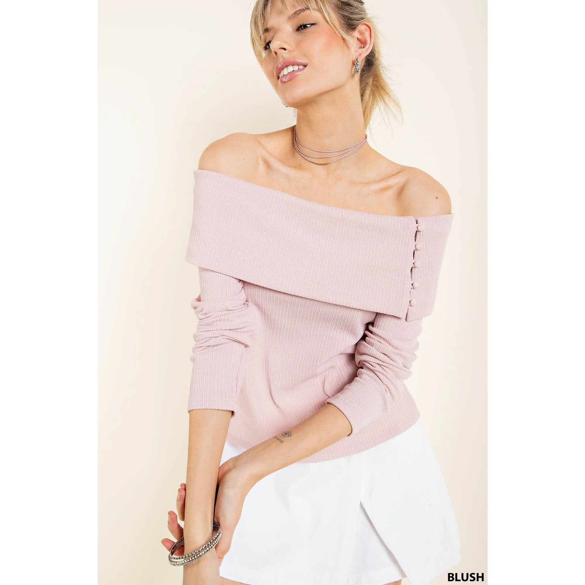 Knit Off The Shoulder Blouse - Blush