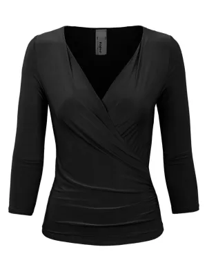 KOGMO Women's 3/4 Sleeve Side Wrap Ruched Shirred Slim Fit V-neck Top Shirts