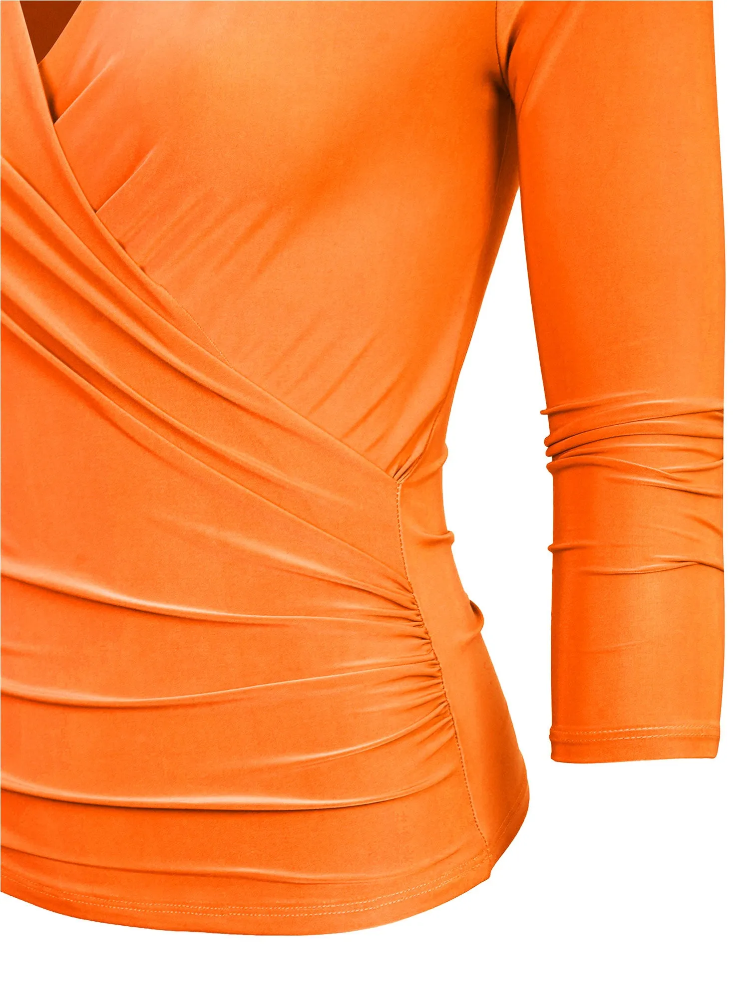 KOGMO Women's 3/4 Sleeve Side Wrap Ruched Shirred Slim Fit V-neck Top Shirts