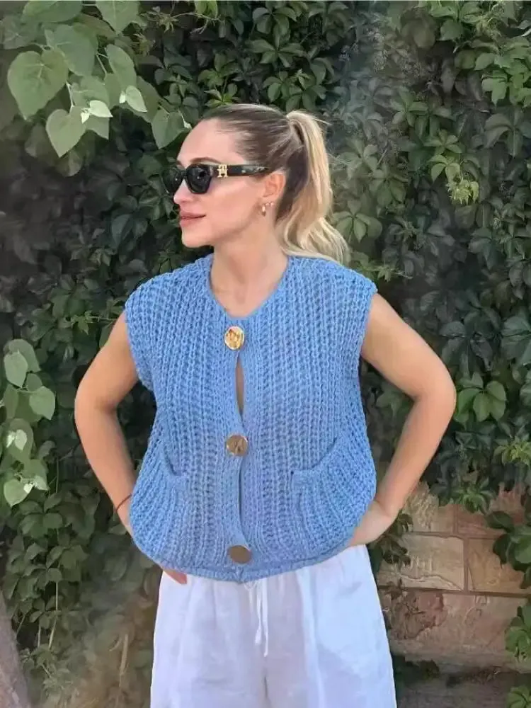 Korean Fashion Crop Sweater Women Vest Cable Knit Casual Top