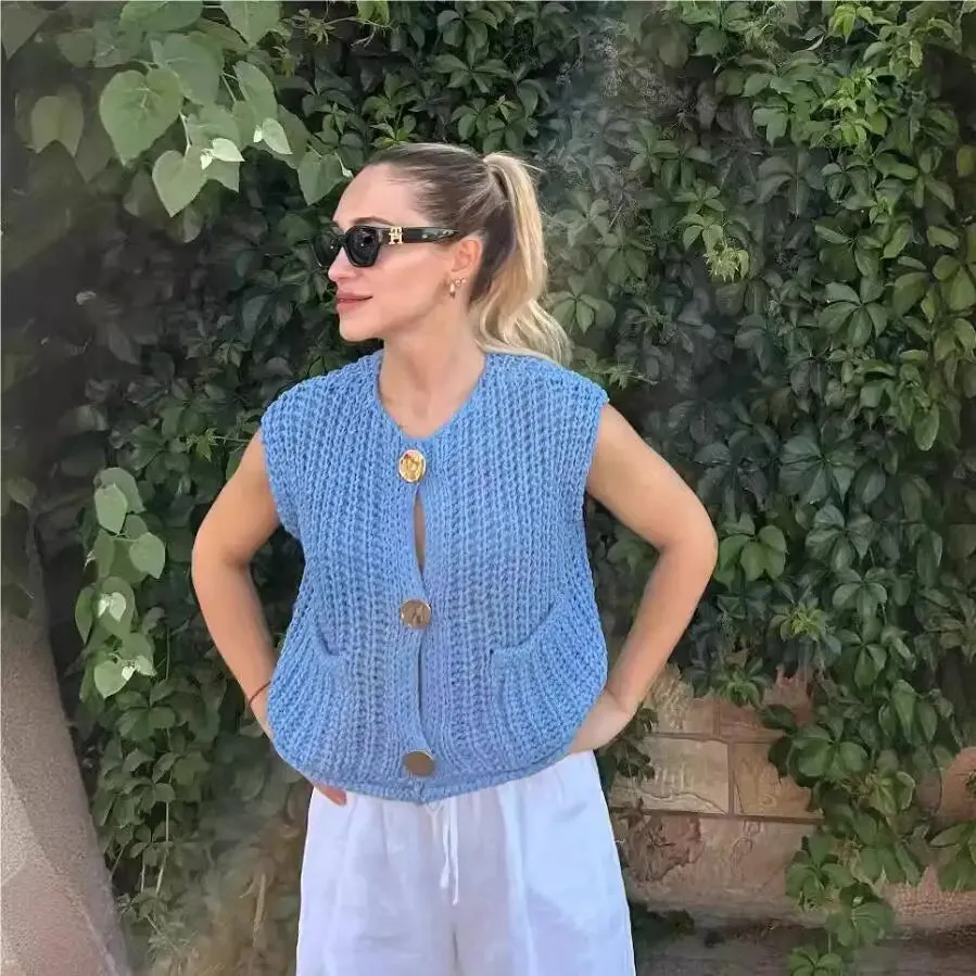 Korean Fashion Crop Sweater Women Vest Cable Knit Casual Top