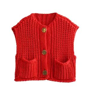 Korean Fashion Crop Sweater Women Vest Cable Knit Casual Top